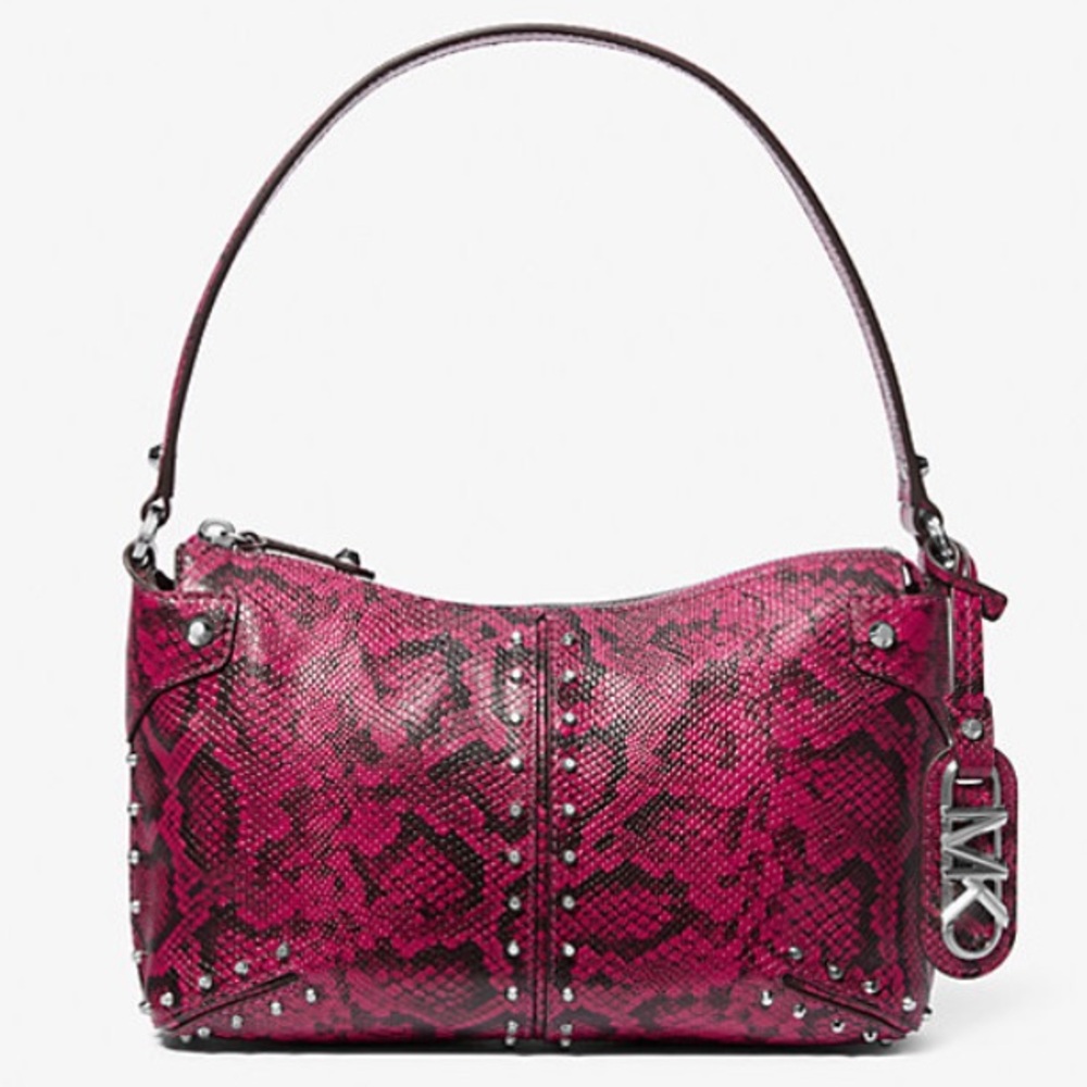 MICHAEL KORS Astor Large Pouchette Studded Snake Embossed Leather Shoulder Bag